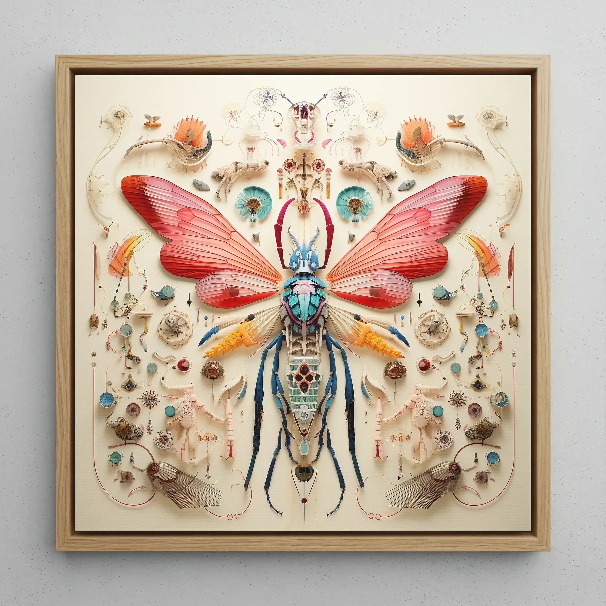 Blue Ball Damselfly - Alien Species Taxonomy Framed Canvas, 12x12’’ / 31x31cm / Natural Floating Frame, Framed Intricate Entomological