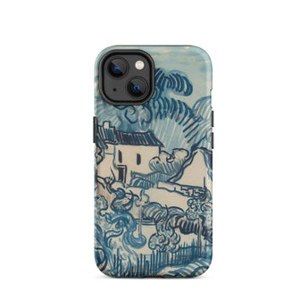 Blue Landscape with Houses - Vincent Van Gogh Phone Case Iphone 14 / Matte Blue Cream-colored Phone Case Stylized Landscape Design