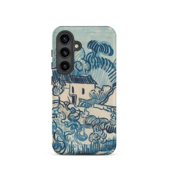 Blue Landscape with Houses - Vincent Van Gogh Phone Case Samsung Galaxy S24 / Matte Blue Cream-colored Phone Case Stylized Landscape Design