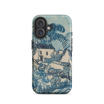 Blue Landscape with Houses - Vincent Van Gogh Phone Case Iphone 16 / Matte Blue Cream-colored Phone Case Stylized Landscape Design Waves