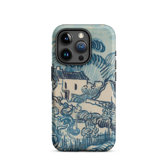 Blue Landscape with Houses - Vincent Van Gogh Phone Case Iphone 15 Pro / Matte Blue Cream-colored Phone Case Stylized Sketch-like Landscape