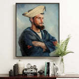 Bluejacket Hms ?Comus’ - Attributed to Louise Caroline Alberta Art Print / Canvas Framed Portrait Bearded Man Navy Blue Uniform Beige Comus, R