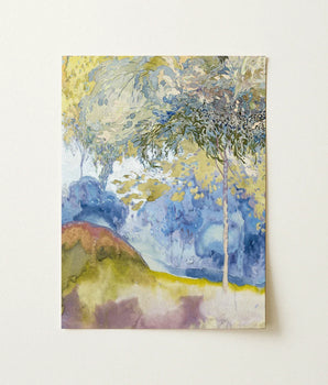 Watercolor Landscape Painting Trees Yellow Blue Foliage Soft Feure’s Boomrijk, Art Nouveau Movement’s Graceful Fusion, Epitomizes
