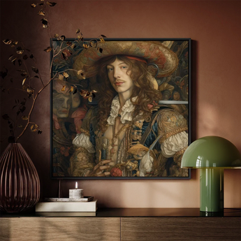Botticelli’s Outlaw - Gay Renaissance Cowboy Art Print / Canvas Framed Portrait Man Ornate 17th-century Attire Intricate Gold Gay