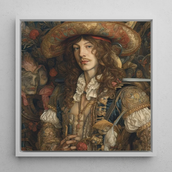 Botticelli’s Outlaw - Gay Renaissance Cowboy Art Print / Canvas Framed Portrait Man Ornate Historical Attire Long Curly Gay Renaissance