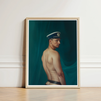 Framed Portrait Man Profile Navy Blue Cap White Gay Mexican Sailor, Sailor’s Essence, Seafaring Stare