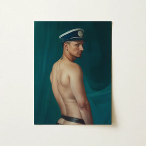 Bottoms Up - Gay Mexican Sailor Art Print / Canvas Detailed Oil Painting Man Profile Navy Blue, Sailor’s Essence, Seafaring Stare Prints