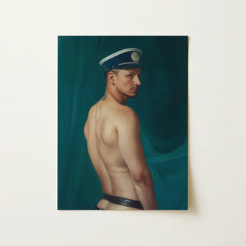 Bottoms Up - Gay Mexican Sailor Art Print / Canvas Detailed Oil Painting Man Profile Navy Blue, Sailor’s Essence, Seafaring Stare Prints