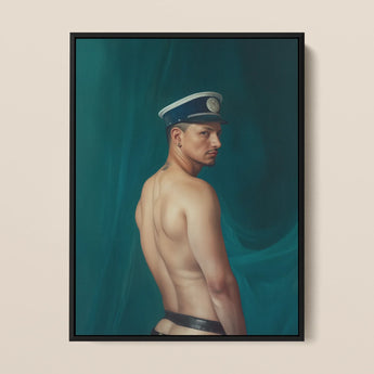 Bottoms Up - Gay Mexican Sailor Art Print / Canvas Framed Oil Painting Muscular Man Profile Navy Blue, Sailor’s Essence, Seafaring Stare
