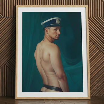Bottoms Up - Gay Mexican Sailor Art Print / Canvas Framed Portrait Man Profile Navy Blue Captain’s Hat, Sailor’s Essence, Seafaring Stare