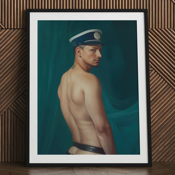 Bottoms Up - Gay Mexican Sailor Art Print / Canvas Framed Portrait Man Profile Navy Blue Captain’s Hat, Sailor’s Essence, Seafaring Stare