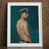Bottoms Up - Gay Mexican Sailor Art Print / Canvas Framed Portrait Man Profile Navy Blue White Captain’s, Sailor’s Essence, Seafaring Stare