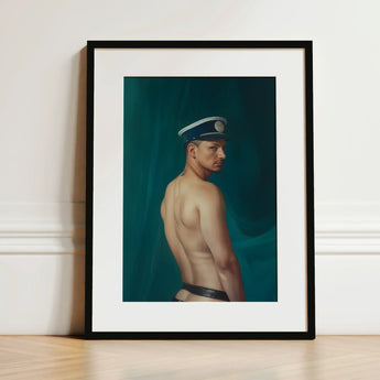 Bottoms Up - Gay Mexican Sailor Art Print / Canvas Framed Portrait Man Profile Navy Blue White Peaked, Sailor’s Essence, Seafaring Stare