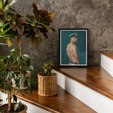 Bottoms Up - Gay Mexican Sailor Art Print / Canvas Framed Portrait Shirtless Person Cap Teal Background, Sailor’s Essence, Seafaring Stare