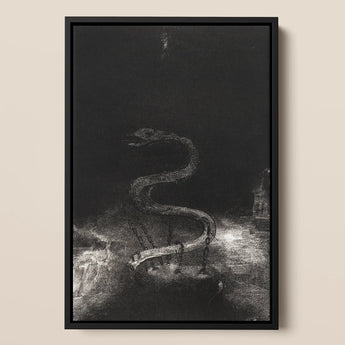 And Bound Him a Thousand Years - Odilon Redon Framed Canvas, 12x18’’ / 31x46cm / Black Floating Frame, Framed Dark Monochromatic Painting