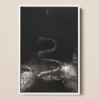And Bound Him a Thousand Years - Odilon Redon Framed Canvas, 12x18’’ / 31x46cm / White Floating Frame, Dark Textured Painting Serpentine