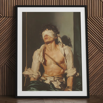 Boundless - Neoclassical Bondage Homoerotica Art Print / Canvas Black Framed Poster Blindfolded Man White Shirt Green Homoeroticism Meets
