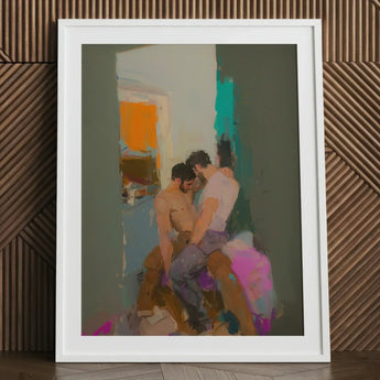 Bounty - Grungy Gay Romance Art Print / Canvas White-framed Abstract Painting Two Figures Intimate Embrace Rendered, Prints