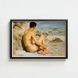 Black-framed Reproduction Classical Oil Painting Nude Male Figure Scott Tuke Cornish Art, Body’s Mute Architecture, Soft Umbers Lap