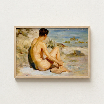 Framed Oil Painting Nude Male Figure Rocky Beach Scott Tuke Cornish Art, Body’s Mute Architecture, Soft Umbers Lap