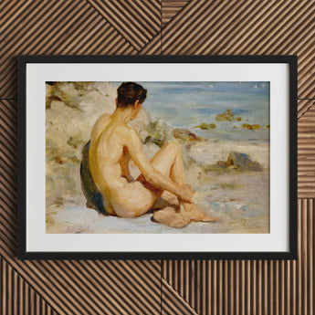 Boy on a Beach - Henry Scott Tuke Art Print / Canvas Black Framed Painting Seated Nude Man Cornish, Body’s Mute Architecture, Soft Umbers