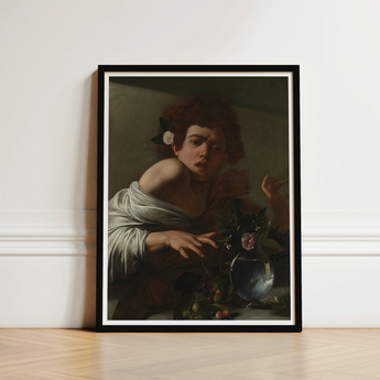 Black-framed Reproduction Caravaggio’s ?The Girl Rose” White Mat Boy Bitten, Italian Baroque Shock, Stone Ledge Strewn, Pale Yellow-green F