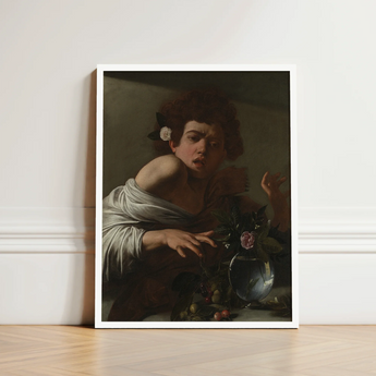 Framed Reproduction Caravaggio’s ?The Girl Rose” Sleek White Boy Bitten, Italian Baroque Shock, Stone Ledge Strewn, Pale Yellow-green Fruits,