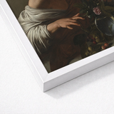 White Framed Art Print Classical Painting Figure Soft Boy Bitten, Italian Baroque Shock, Stone Ledge Strewn, Pale Yellow-green Fruits,