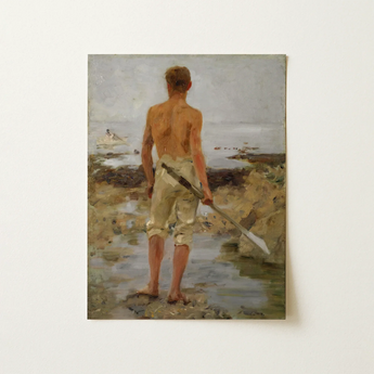 Boy with an Oar - Henry Scott Tuke Art Print / Canvas Vintage-style Oil Painting Shirtless Man Light-colored Shorts Barefoot