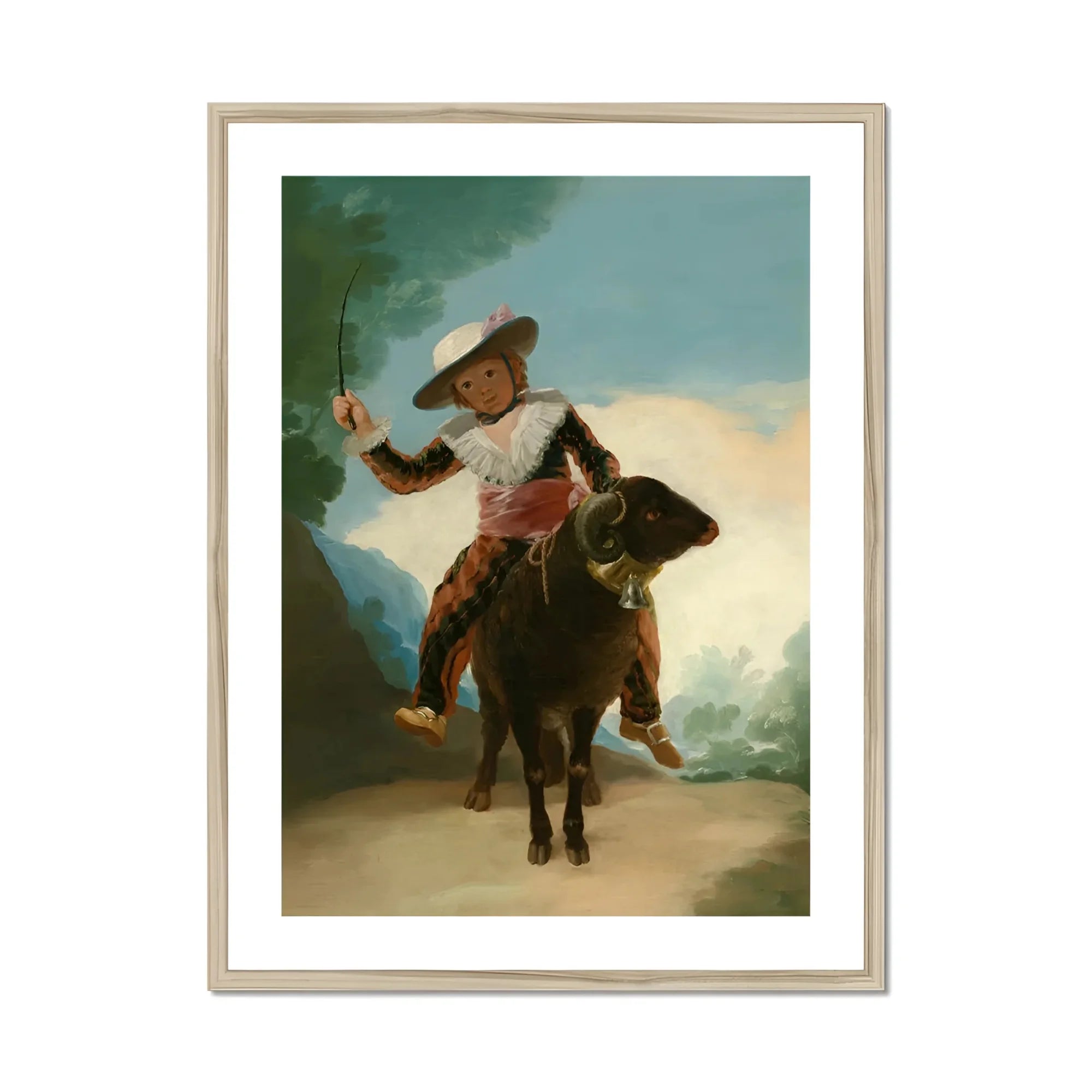 Boy on a Ram - Francisco De Goya Romanticism Art Print, Figure Hat Traditional Clothing Rides Donkey Stick