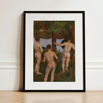 Boys on the Beach - Károly Ferenczy Fine Art Print / Canvas Black-framed Classical Oil Painting Three Nude, Mythic Punctuation, Silent,