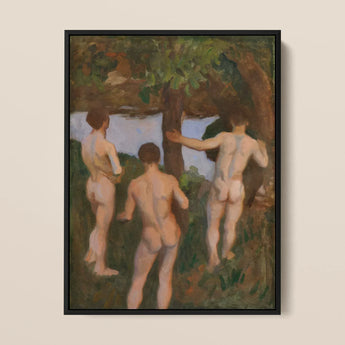 Boys on the Beach - Károly Ferenczy Fine Art Print / Canvas Black-framed Painting Three Nude Figures Outdoor Rendered Impressionistic