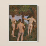 Boys on the Beach - Károly Ferenczy Fine Art Print / Canvas Framed Oil Painting Three Nude Figures Wooded Rendered, Mythic Punctuation,