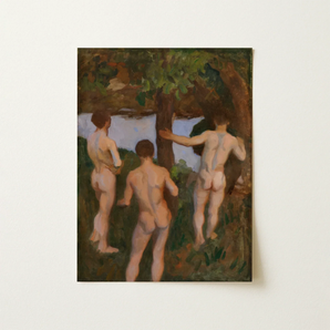 Boys on the Beach - Károly Ferenczy Fine Art Print / Canvas Oil Painting Three Nude Figures Wooded Rendered Impressionistic Ferenczy Fine