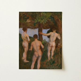 Boys on the Beach - Károly Ferenczy Fine Art Print / Canvas Oil Painting Three Nude Figures Wooded Rendered Impressionistic, Mythic