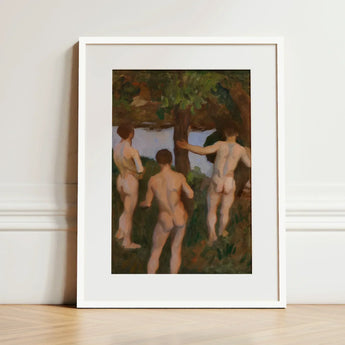 Boys on the Beach - Károly Ferenczy Fine Art Print / Canvas White-framed Classical Painting Three Nude Figures, Mythic Punctuation, Silent,
