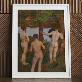 Boys on the Beach - Károly Ferenczy Fine Art Print / Canvas White Framed Painting Three Nude Figures, Mythic Punctuation, Silent,