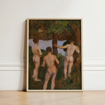 Boys on the Beach - Károly Ferenczy Fine Art Print / Canvas Framed Painting Three Nude Figures Outdoor Rendered Impressionistic, Mythic