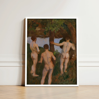 Boys on the Beach - Károly Ferenczy Fine Art Print / Canvas White-framed Three Nude Figures Wooded, Mythic Punctuation, Silent, Ferenczy’s