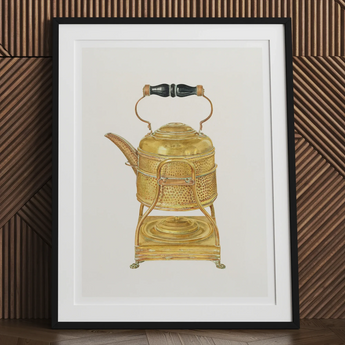 Brass Kettle - Frank M. Keane 1930s Kitchen Art Print, 24x32’’ / 61x81cm / Unframed, Ornate Golden Teapot Stand