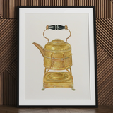 Brass Kettle - Frank M. Keane 1930s Kitchen Art Print / Canvas Golden Hammered Brass Tea Kettle Black Wood-handled Lid Keane Decorative