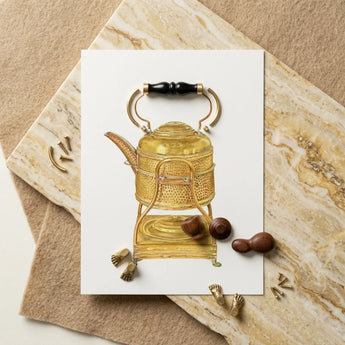 Brass Kettle - Frank M. Keane 1930s Kitchen Art Print / Canvas Golden Intricately Hammered Teapot Black-handled Curved Spout Ornate