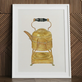 Brass Kettle - Frank M. Keane 1930s Kitchen Art Print / Canvas Vintage-style Brass Kettle Hammered Texture Black Wooden Handle Keane