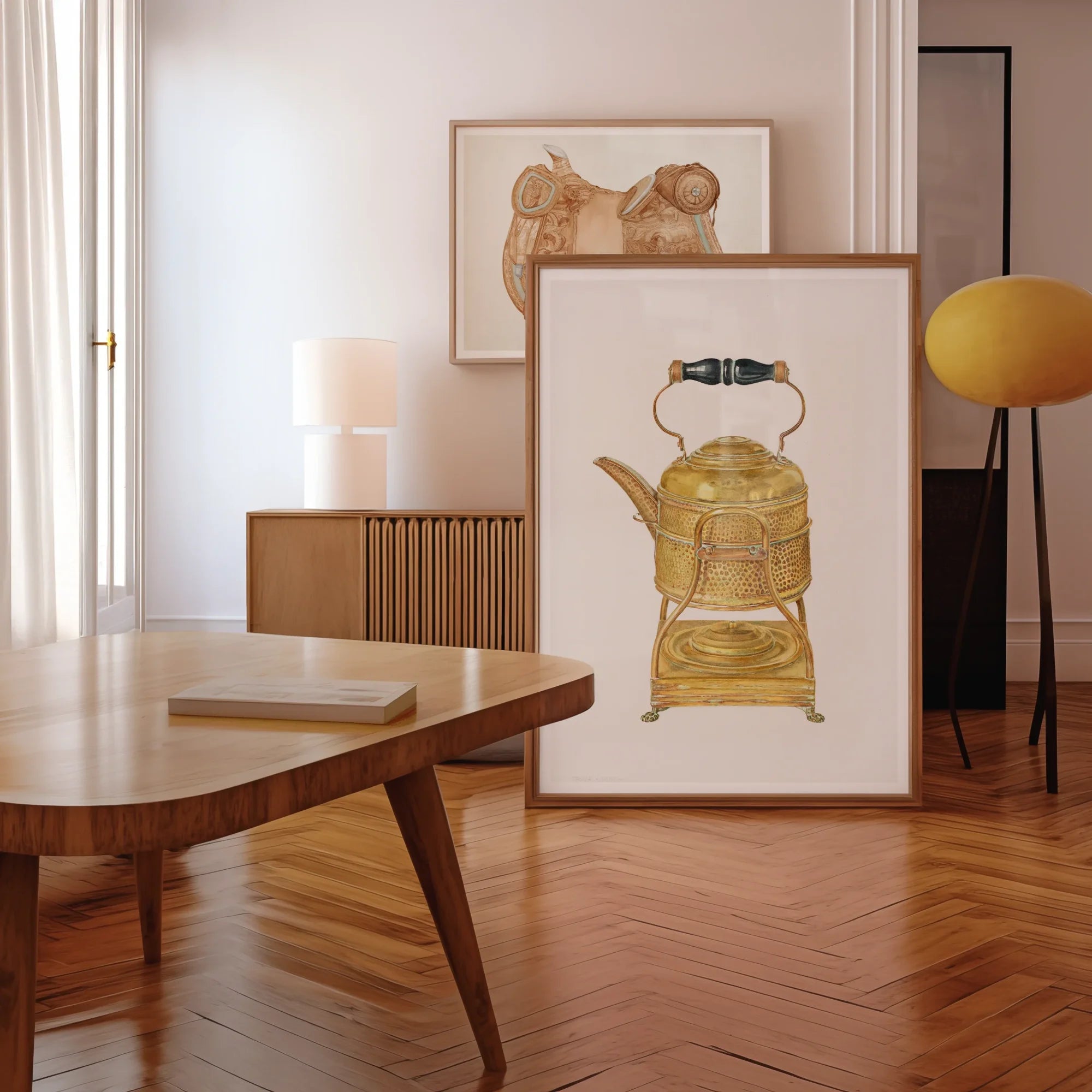 Brass Kettle - Frank M. Keane 1930s Kitchen Art Print, Framed Artwork Vintage Yellow Kettle Teapot Stand