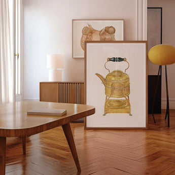 Brass Kettle - Frank M. Keane 1930s Kitchen Art Print, Framed Artwork Vintage Yellow Kettle Teapot Stand