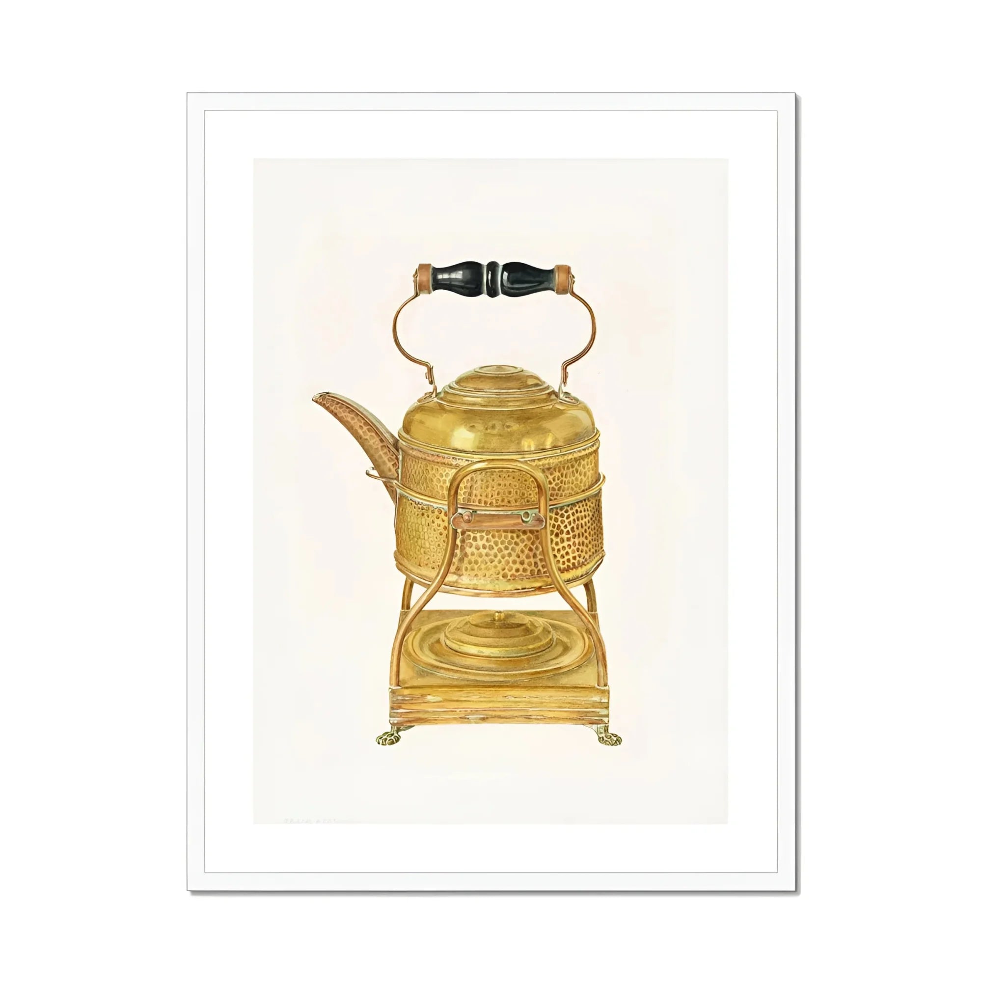 Brass Kettle - Frank M. Keane 1930s Kitchen Art Print, Golden Antique Teapot Ornate Stand