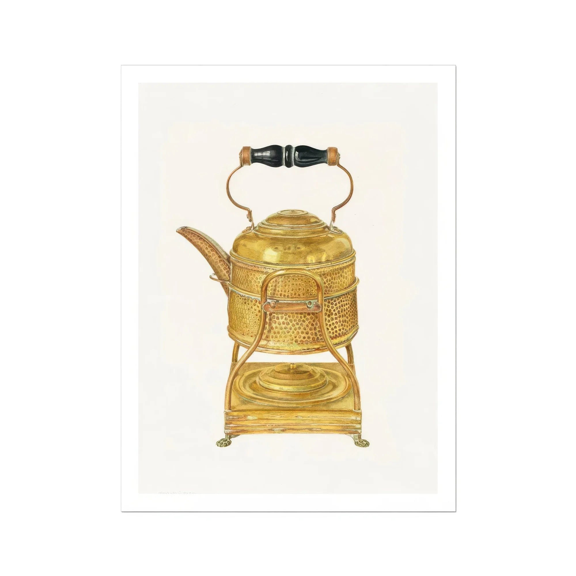 Brass Kettle - Frank M. Keane 1930s Kitchen Art Print, Ornate Brass Teapot Stand Decorative Etched Patterns
