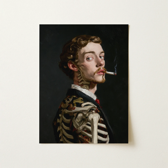 Framed Portrait Man Curly Brown Hair Mustache Dressed Haute Goth, Lit Cigarette Hangs, Smoking, Skeleton, Art, Print