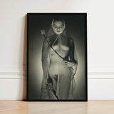 Black-framed Black-and-white Photographic Print Woman Draped Mesh Fabric Wide-mesh Fishing Net, Drapes, Open Lattice Pressing,