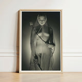 Black-and-white Framed Photograph Woman Draped Mesh Veil Dandelion Wide-mesh Fishing Net, Drapes, Open Lattice Pressing, Shadow-diamonds,
